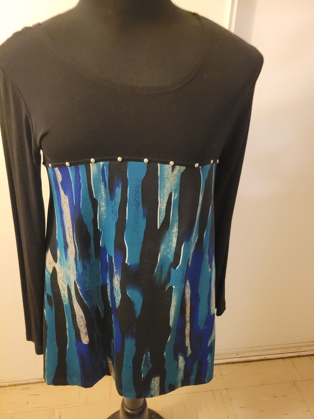 Style & Co. Black Top with Blue Teal Abstract Panel